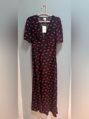 NWT A New Day Black Red Lip Print Maxi Dress Flutter Sleeve V-Neck Size 2